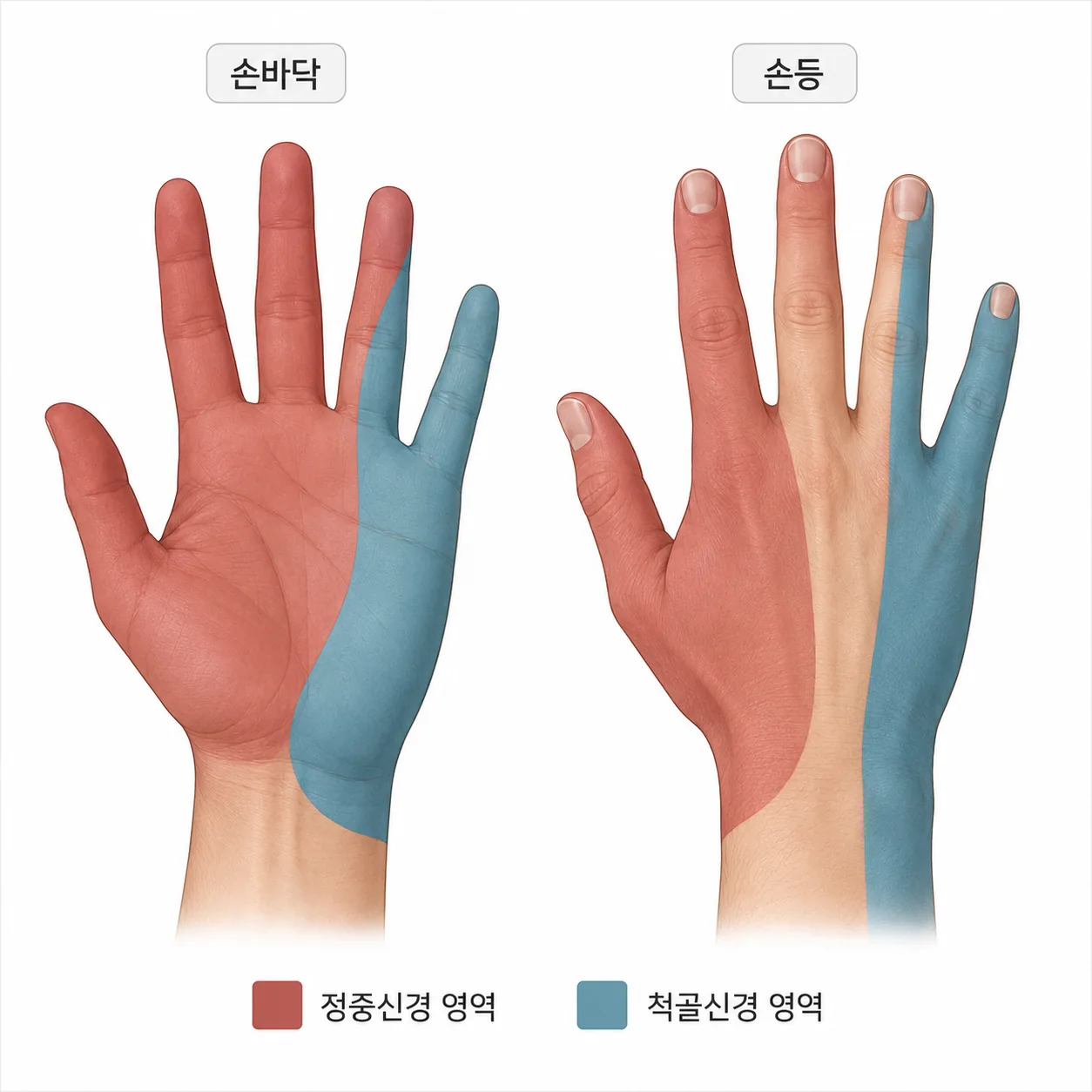 정중신경과 척골신경이 담당하는 손가락 영역 구분