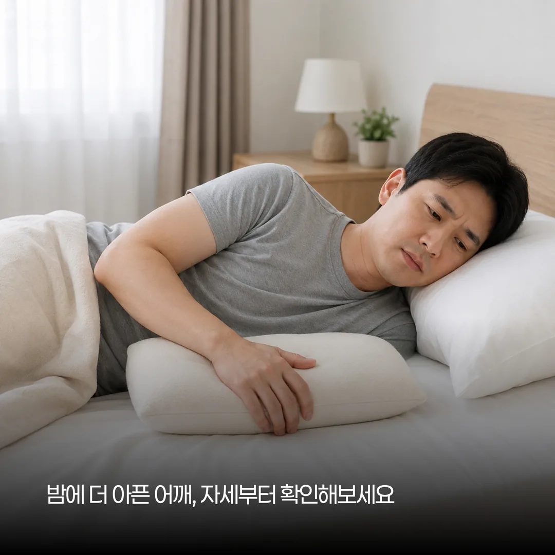 사고 후 어깨 야간 통증을 줄이려 팔 아래에 쿠션을 받쳐 누운 자세