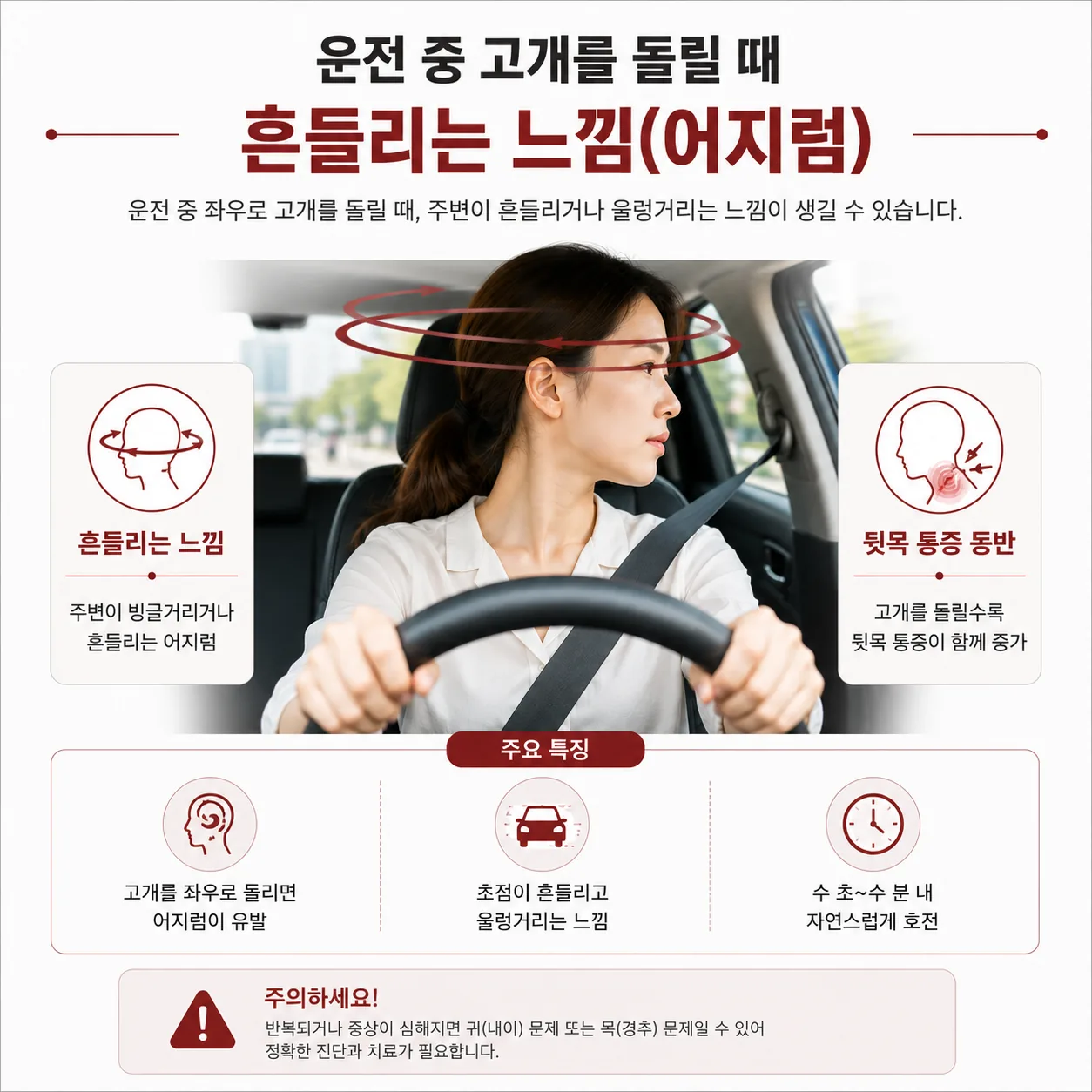 고개를 돌릴 때 어지럼과 뒷목 통증이 함께 커지는 상황 일러스트