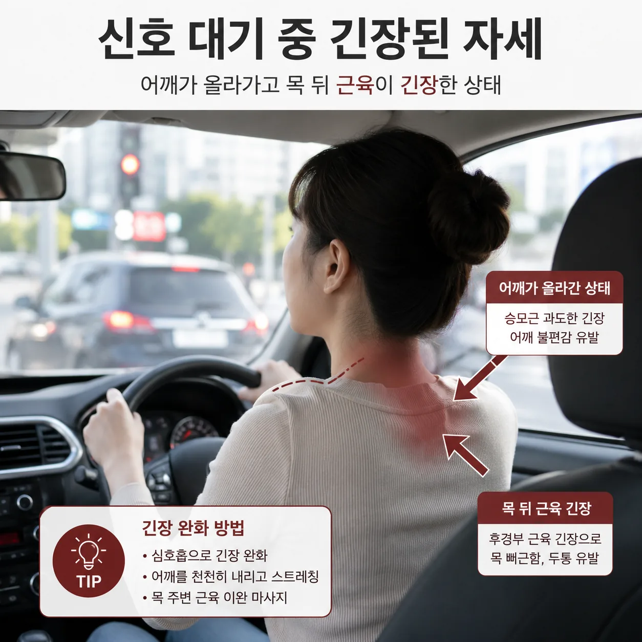 운전 중 목과 어깨 근육이 긴장하고 호흡이 얕아지는 상태를 나타낸 도해