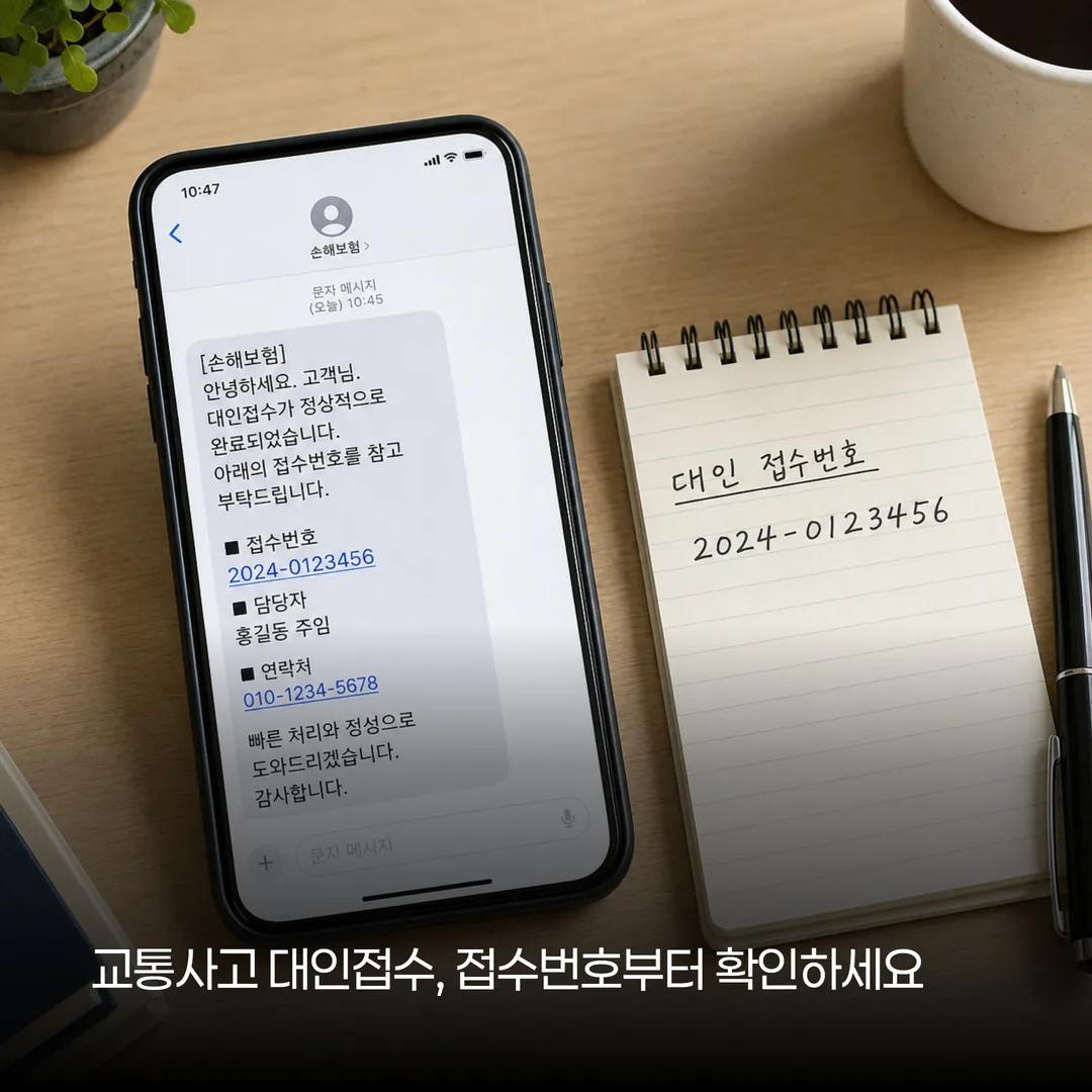 대인접수 안내 문자를 보고 접수번호를 메모지에 옮겨 적는 장면