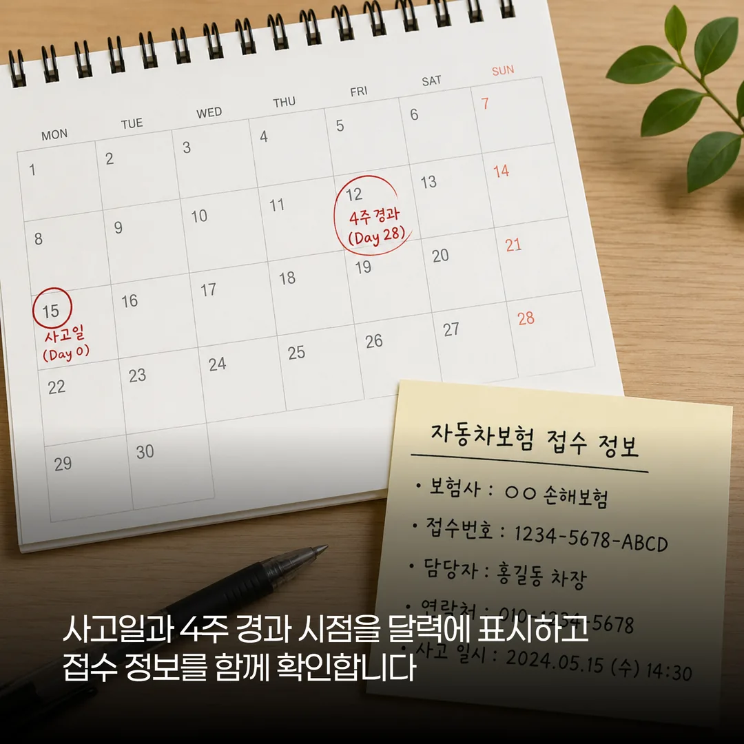 사고일과 4주 경과 시점을 표시해 둔 달력과 접수번호 메모