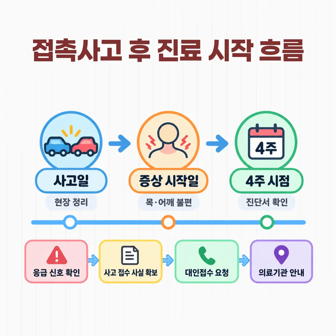 사고일부터 증상 시작일과 4주 시점을 표시한 교통사고 후 일정 개념도