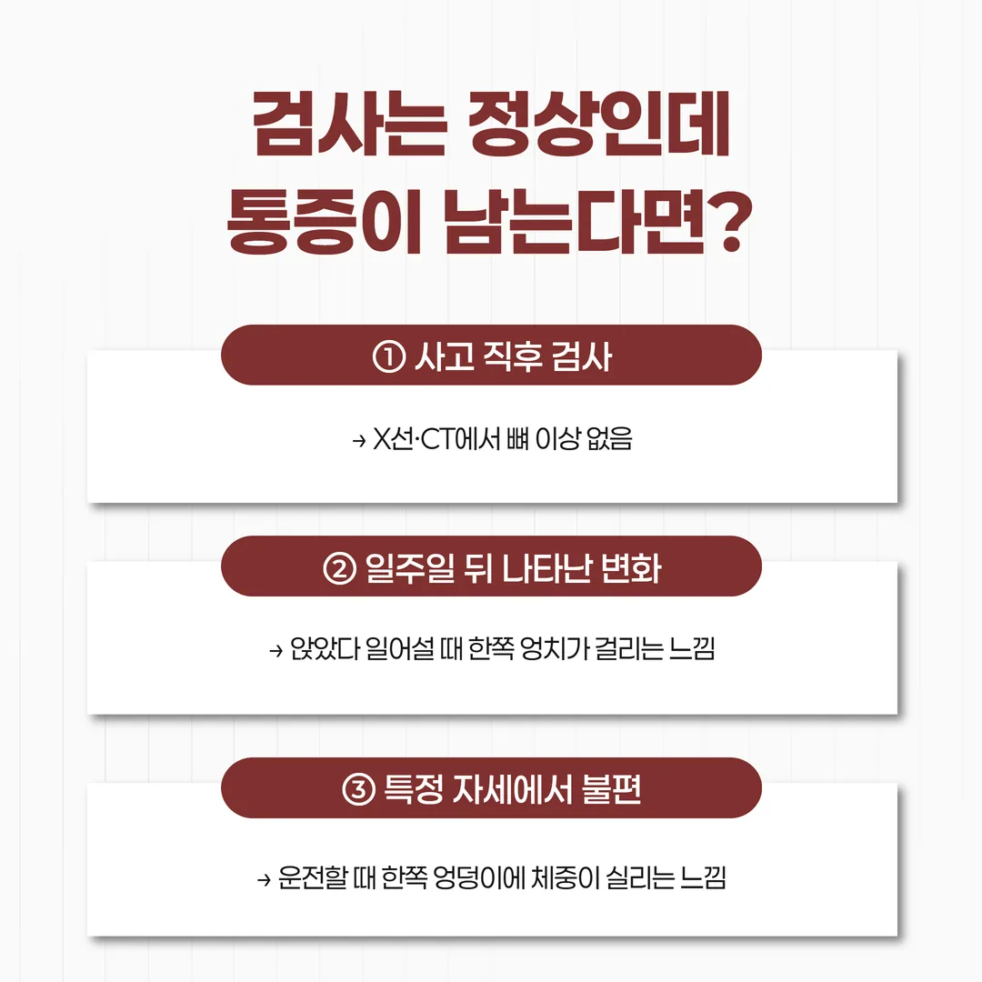 교통사고 뒤 골반과 엉치 통증을 다루는 안내 표지 이미지