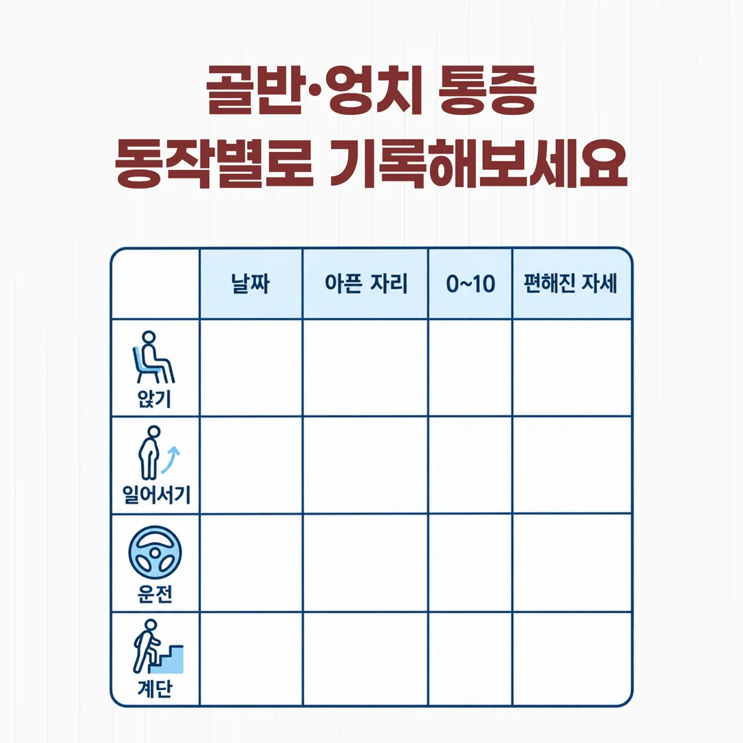 앉기 일어서기 운전 계단 네 동작을 날짜별로 적는 관찰 기록표 서식