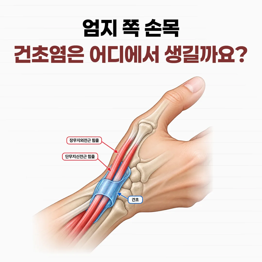 엄지 쪽 손목 힘줄과 힘줄을 감싼 건초의 위치를 표시한 손목 개념도