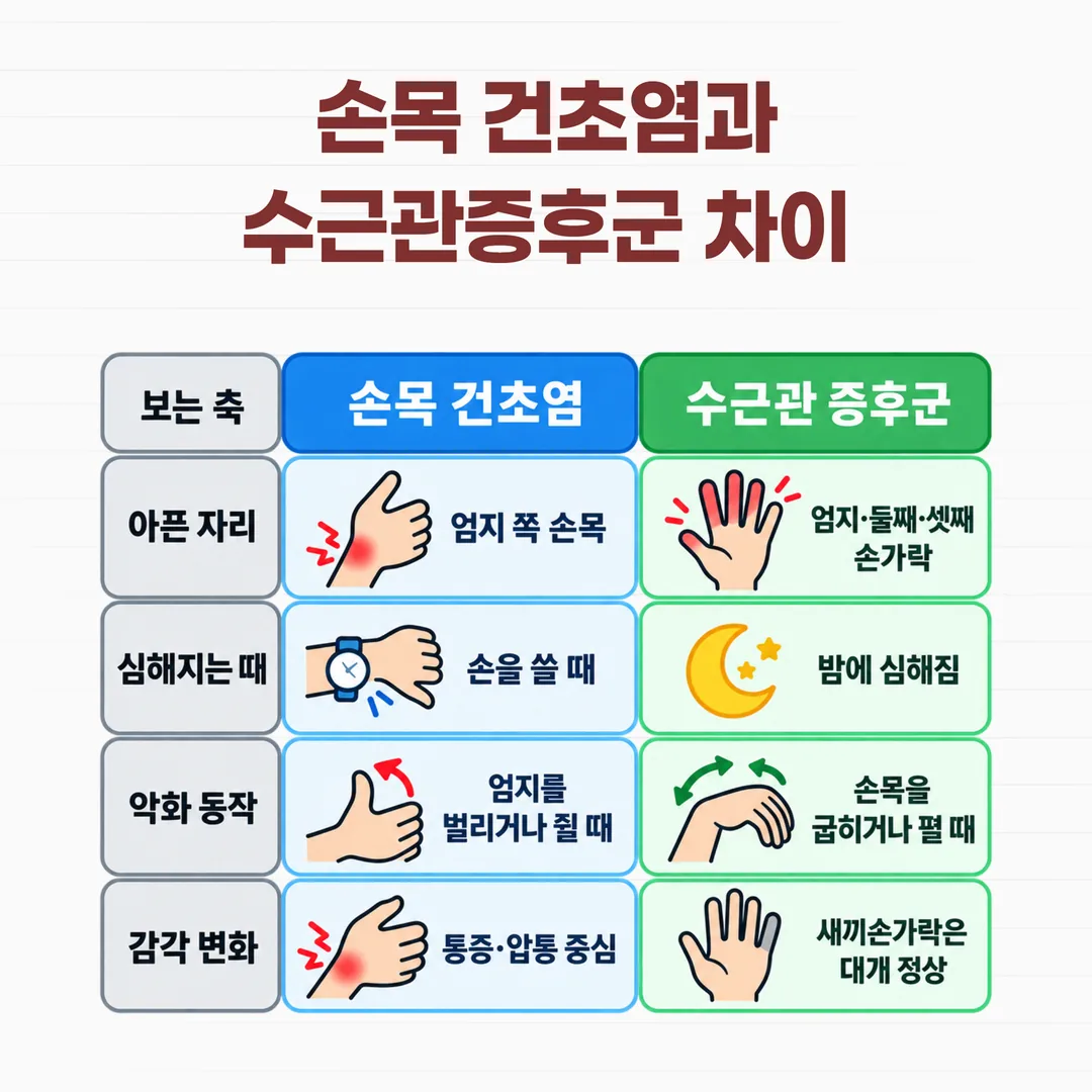 엄지 쪽 손목 통증과 밤에 심해지는 손가락 저림을 자리·시간·동작·감각 네 축으로 가른 비교 도표