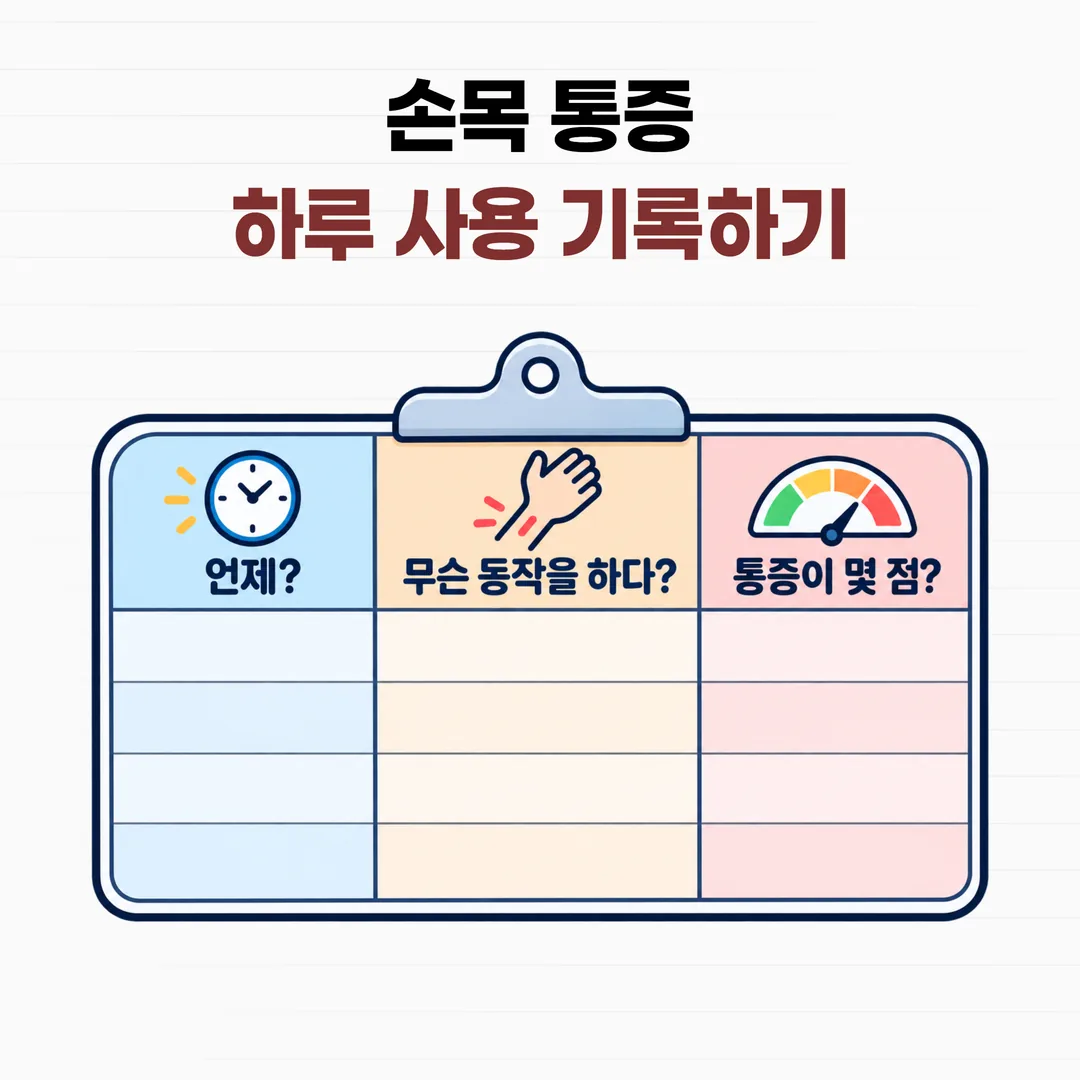 언제 어떤 동작을 하다 통증이 몇 점이었는지 적는 손목 사용 기록표 세 칸 양식