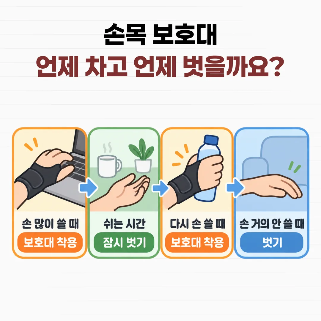 손을 많이 쓰는 낮 구간과 쉬는 구간으로 나눠 손목 보호대 착용 시간을 표시한 하루 일과 개념도