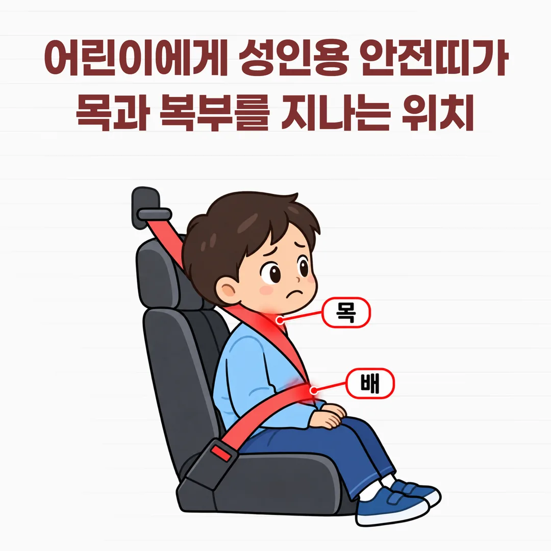 어린이에게 성인용 안전띠가 목과 복부를 지나는 위치를 보여주는 그림