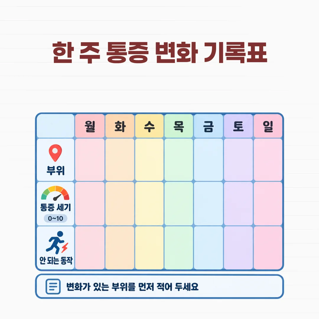 요일별로 부위·통증 세기·아직 안 되는 동작을 적는 한 주 통증 기록표 양식