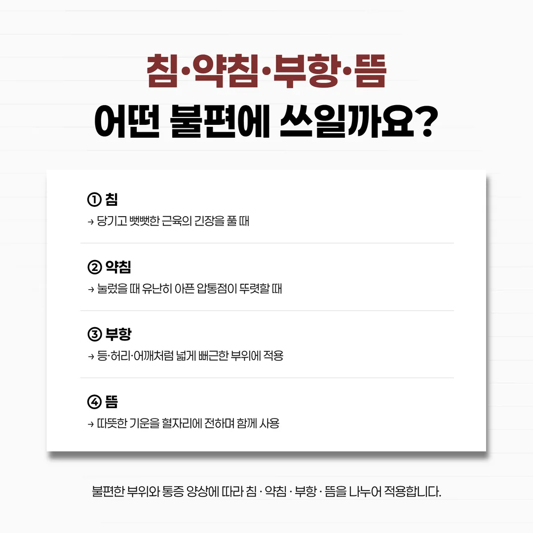 침 약침 부항 뜸을 주로 쓰는 자리를 정리한 안내 표