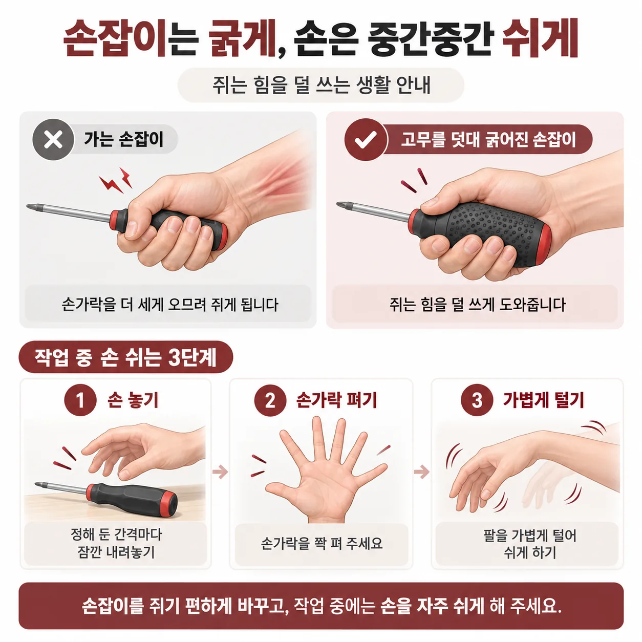 손잡이 굵기에 따라 달라지는 쥐는 힘과 작업 중 손을 쉬는 순서 안내도