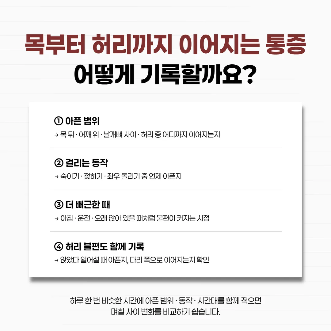후방추돌 후유증 굳은 범위와 걸리는 방향을 날짜별로 적는 기록표