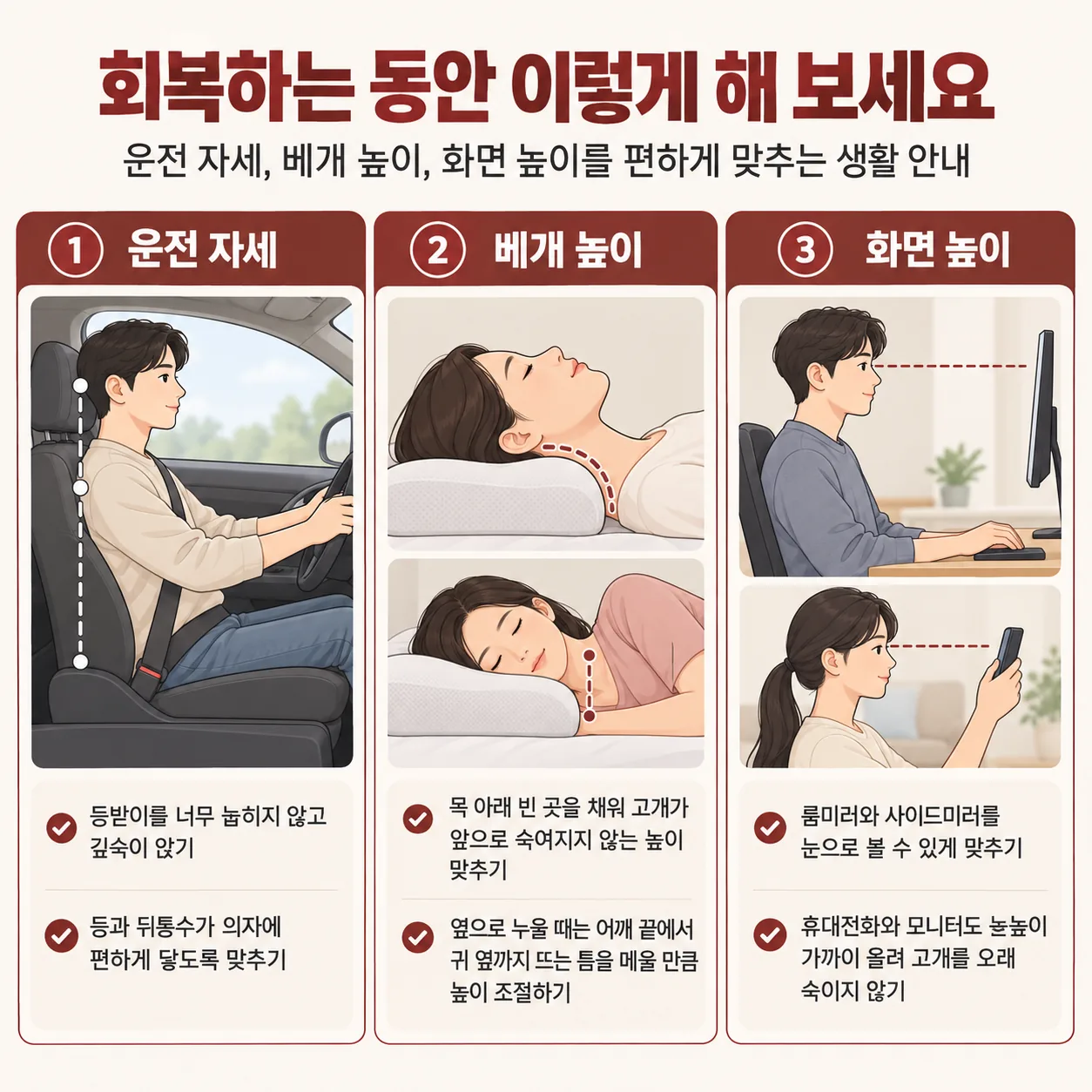 후방추돌 후 회복 기간의 운전 자세와 베개 높이, 화면 높이 안내 그림