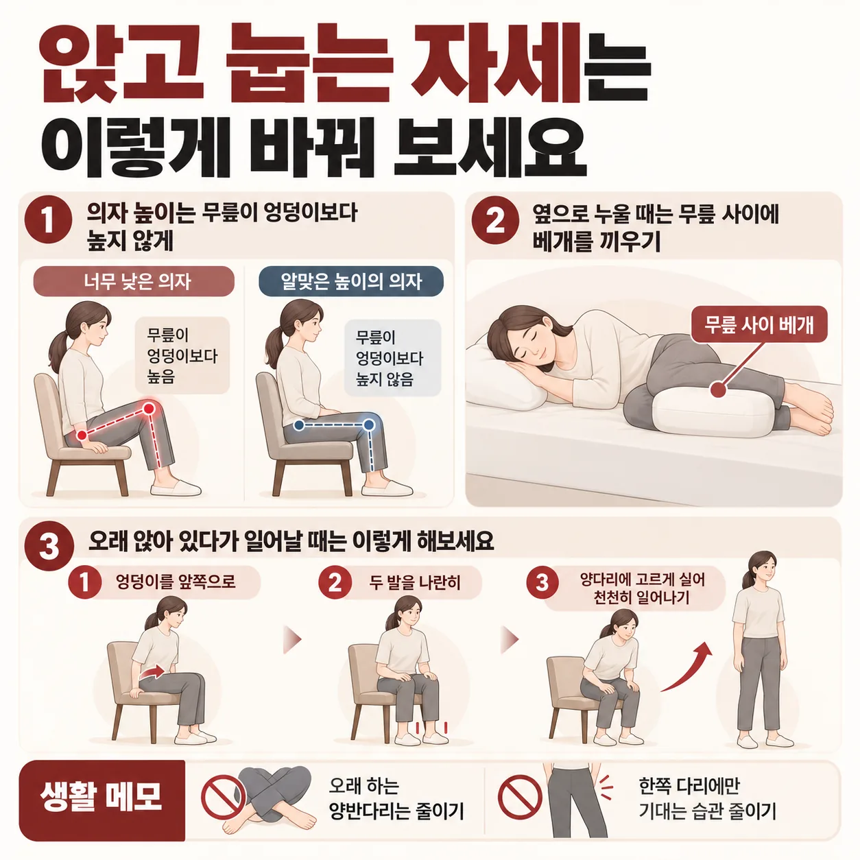 고관절 통증이 있을 때 의자 높이와 무릎 사이 베개, 오래 앉은 뒤 일어나는 순서를 정리한 안내도