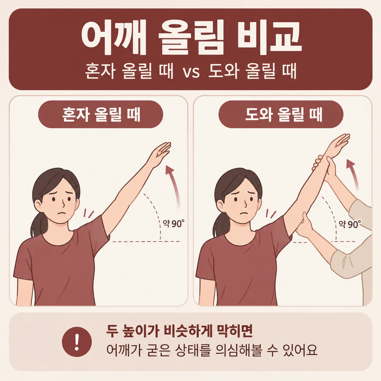 스스로 올릴 때와 남이 들어 줄 때 어깨가 올라가는 높이를 비교한 개념도