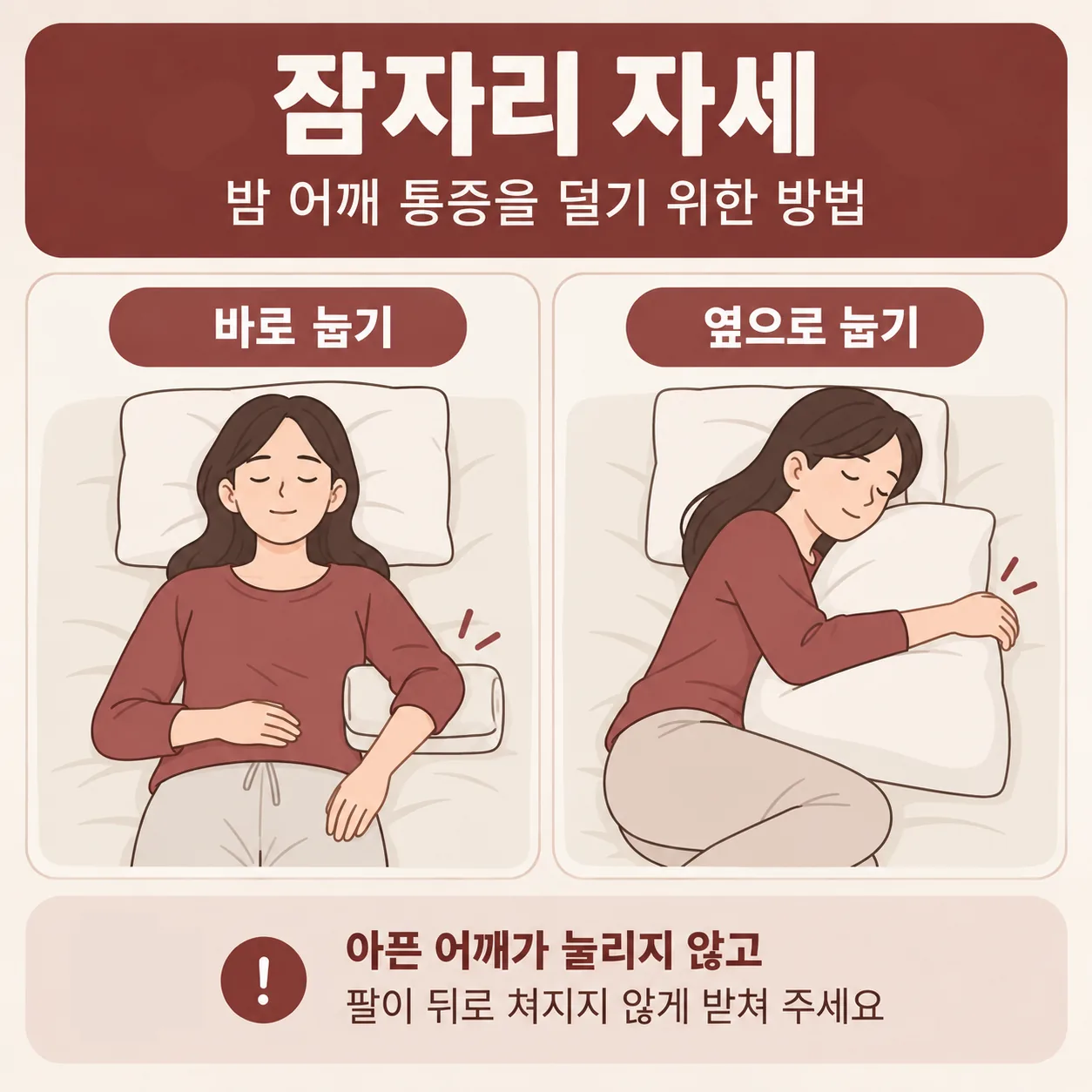 밤 어깨 통증을 덜기 위한 두 가지 잠자리 자세 도식