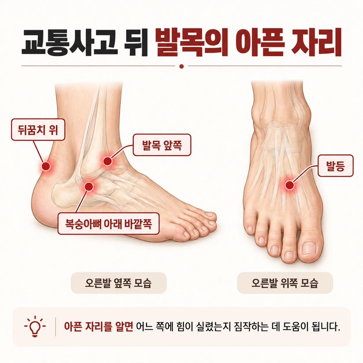 교통사고 뒤 발목 앞쪽 바깥쪽 발등 뒤꿈치 위 아픈 자리를 표시한 그림
