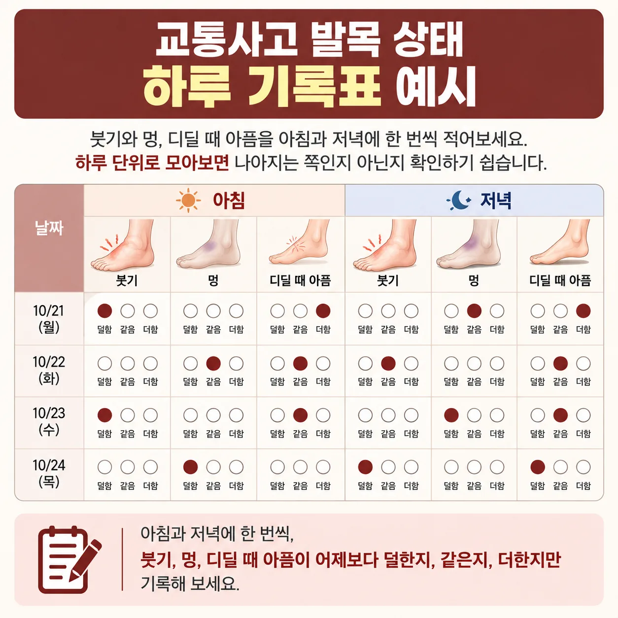 교통사고 발목 붓기와 멍 디딜 때 아픔을 아침 저녁으로 적는 기록표