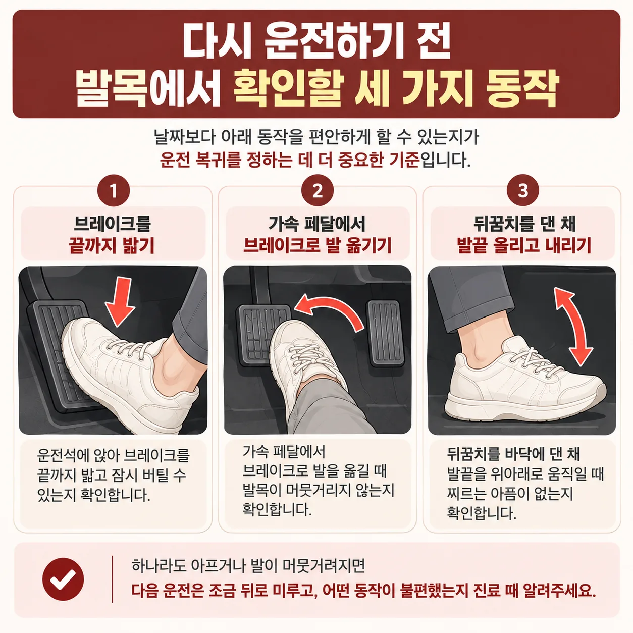 운전 복귀 전 브레이크 밟기와 페달 옮기기 발끝 움직이기 세 동작 순서